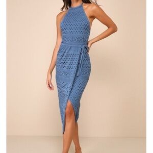 NEW! Lulus Blissful Strolls Slate Blue Crochet Faux-wrap Halter Midi Dress, M